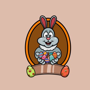 Maskot Tavşan Çizgi Filmi Yumurta Logosu Getir. Mutlu Paskalya Teması.
