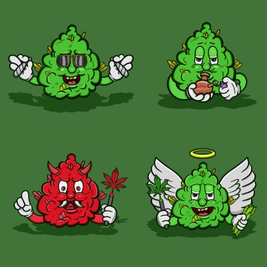 Vector Illustration Maskot çizgi film karakteri Set Weed Bud Face. Marka, Logo, Etiket, Tişört Tasarımı ve Diğer Ürünler İçin Uygun.