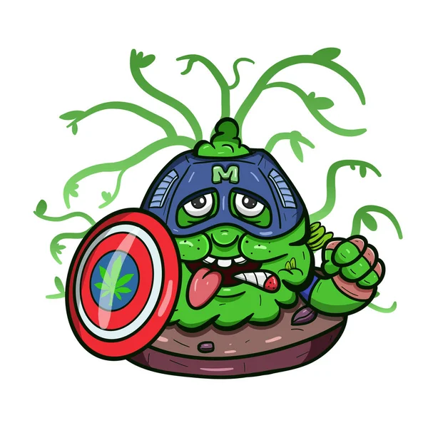 Cartoon Mascot Green Weed Bud Shield Vector Illustration Royaltyfria illustrationer