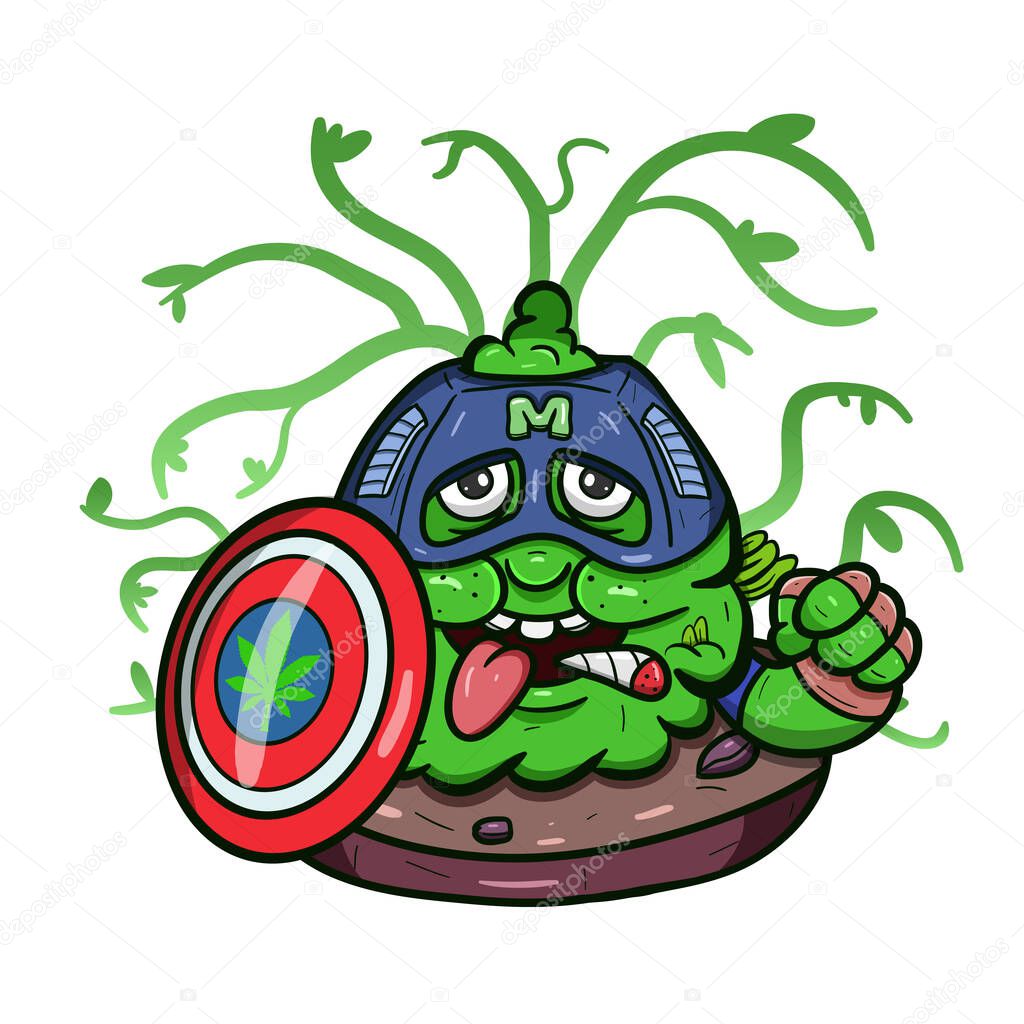 Cartoon Mascot Of Green Weed Bud With Shield. Vector And Illustration