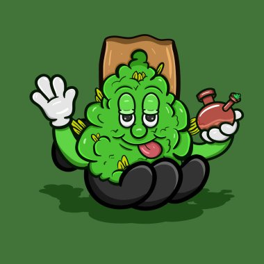 Çizgi film maskotu Bud 'ın cam bonglu ve Koca El' in üstünde. Vektör ve Görüntü