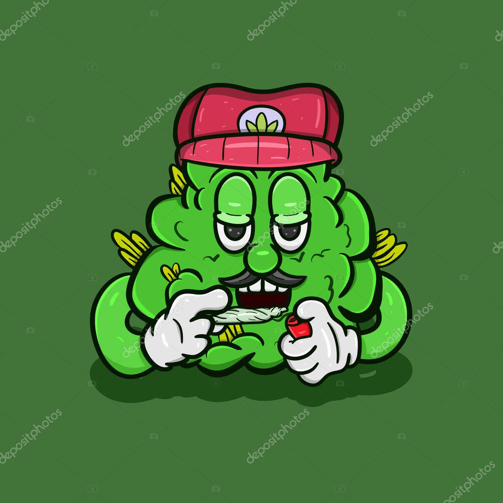 Cartoon Mascot Of  Weed Bud With Weed Cigarette . Vector And Illustration