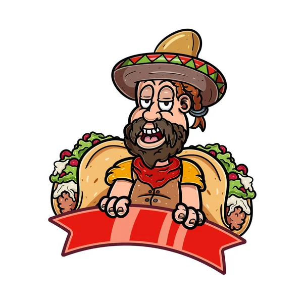 Cartoon Mascot Bearded Boy Mexican Food Taco — Stockvector