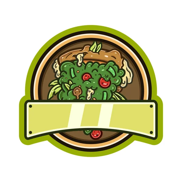 漫画マスコットの雑草バドピザのロゴとサークルリボンとブランクスペース — ストックベクタ