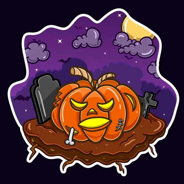 Mascotte Dessin Animé Halloween Citrouille Dans Nuit Cimetière — Image vectorielle