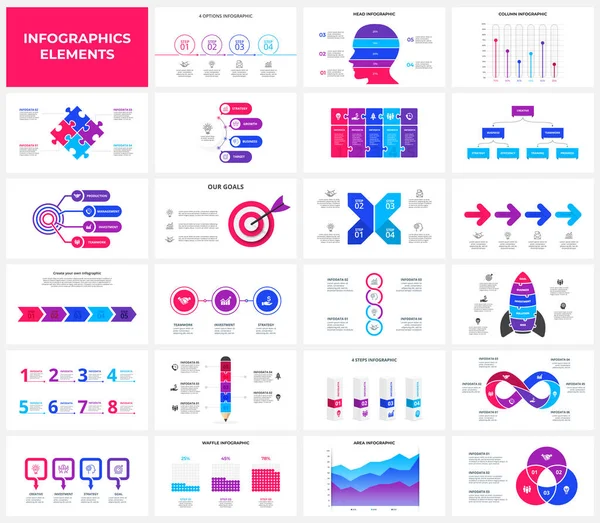 Set of infographic presentation slides. Puzzles, target, goal, rocket, arrows, flowchart and circle diagrams. Vector illustration for business data visualization. — Stock vektor