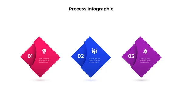 Diagrama de progreso horizontal con tres cubos. Concepto de 3 pasos de la línea de tiempo del negocio. Plantilla de diseño infográfico creativo. — Archivo Imágenes Vectoriales