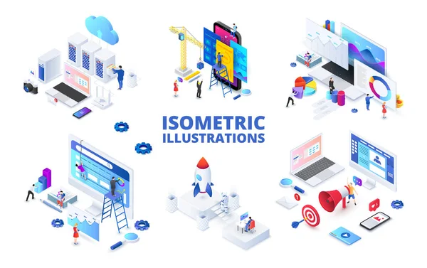 Set of light isometric illustrations. Startup, digital marketing, seo analysis and cloud technology. — 图库矢量图片