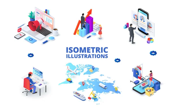 Set of light isometric illustrations. Global delivery, online shopping, invesment and workspace — Stockvector