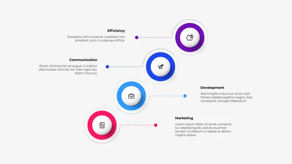 Modèle de conception d'infographie. Chronologie avec 4 éléments circulaires et ligne de points minces. Illustration vectorielle pour brochure, bannière, rapport annuel. — Image vectorielle