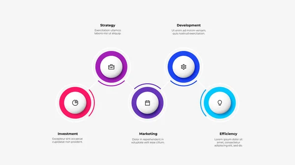 Concept van 5 stappen in het bedrijfsontwikkelingsproces. Infografische presentatie met vijf cirkels en dunne lijn pictogrammen — Stockvector