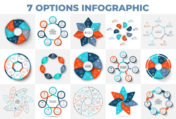 Großes Diagrammset mit 7 Optionen, Schritten oder Teilen. Kreise, Pfeile, Heptagons und Linieninfografiken für Präsentationen, Anzeigen oder Webseiten — Stockvektor