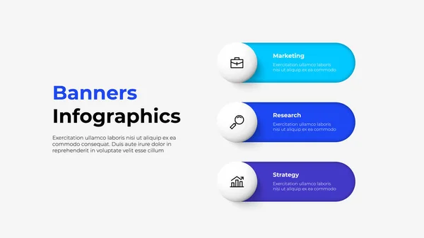 Trois bannières horizontales arrondies infographie glissent sous la forme d'un commutateur. Concept de visualisation de projet d'entreprise avec 3 options — Image vectorielle