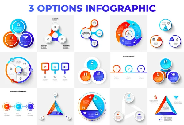 Große Infografiken mit 3 Optionen, Schritten oder Teilen. Kreise, Pfeile und Dreiecke für Präsentationen, Anzeigen oder Webseiten. — Stockvektor