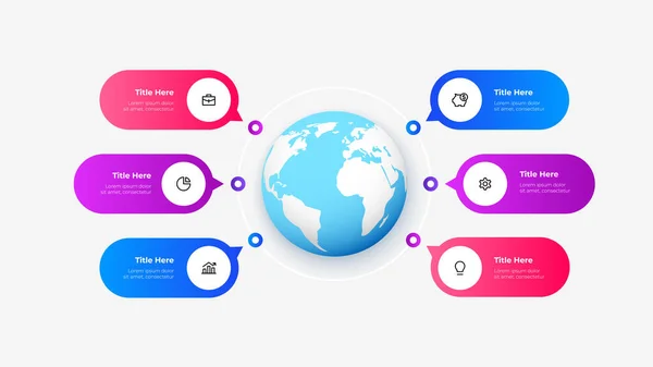 Global Infographic Business Template 地球周围有6个圆形元素 具有6个步骤的设计概念 — 图库矢量图片