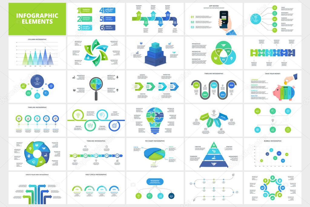Set of infographic presentation slides. Puzzles, timeline, arrows, flowchart and circle diagrams. Vector illustration for business data visualization.