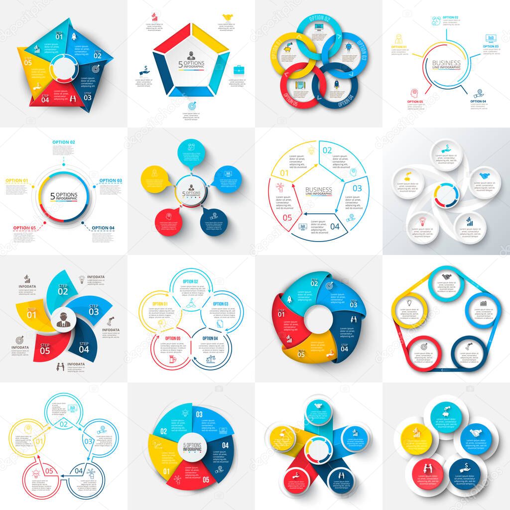 Big set of vector pentagons, circles and other elements for infographic. Business concept with 5 options.