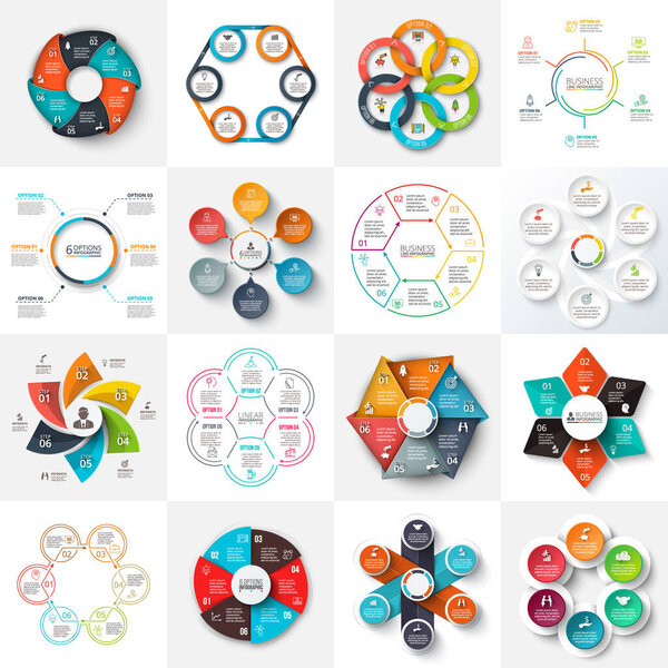 Big set of vector hexagons, circles and other elements for infographic with 6 options.