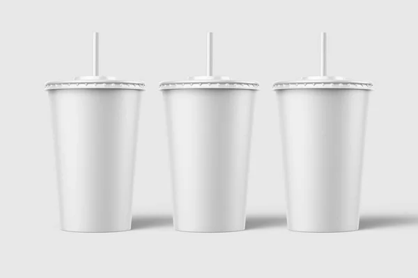 Tres Vasos Soda Papel Con Plantilla Paja Aislados Sobre Fondo — Foto de Stock