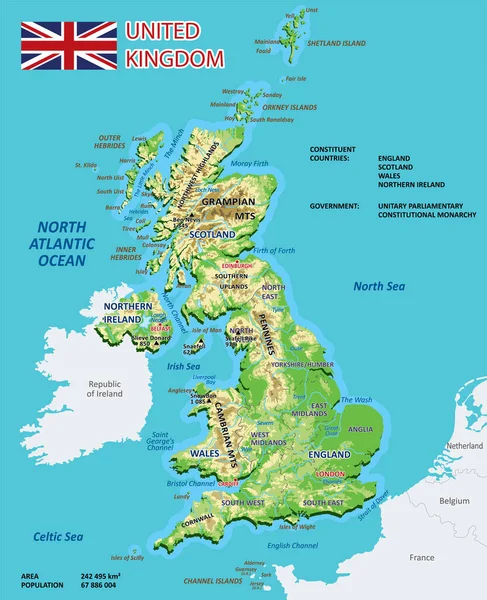 Birleşik Krallık Fiziksel Haritası Etiketli Ngiltere Skoçya Rlanda Nın Yüksek — Stok Vektör