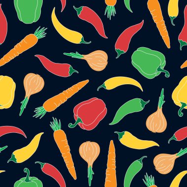 Sebzeler, dikişsiz desen, elle çizilmiş renkli sebzeler. Vektör dokusu. Biber, havuç, kırmızı biber ve soğanın modaya uygun çizimleri. Vejetaryen sağlıklı yiyecekler