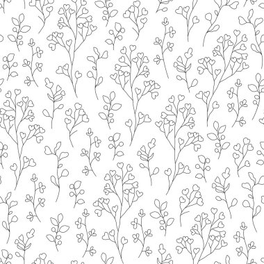 Elle çizilmiş kır çiçekleriyle kusursuz vektör deseni. Botanik bitkisi. Bitki dallarıyla süslenmiş.