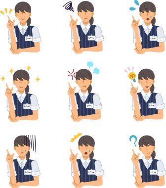 Kadın ofis çalışanı çizimlerinin çeşitli ifadeleri..