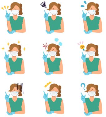 At kuyruklu ve maske takan bir kadının çeşitli ifadeleri..