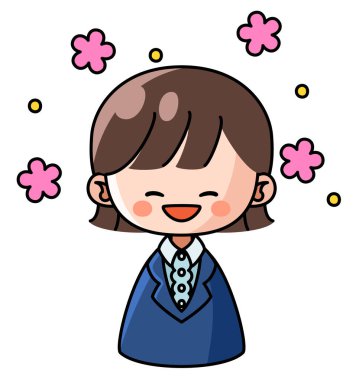 Büyük gülüşlü, takım elbiseli bir kadın.