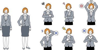 Çeşitli pozlar veren takım elbiseli kadın tasviri