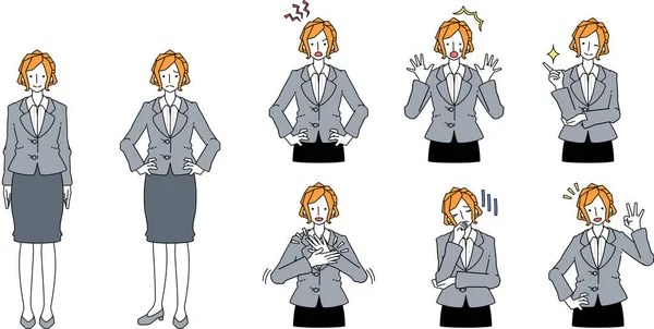 Çeşitli pozlar veren takım elbiseli kadın tasviri