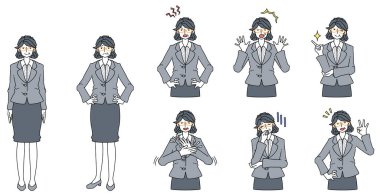 Takım elbiseli bir kadının çeşitli yüz ifadeleri.