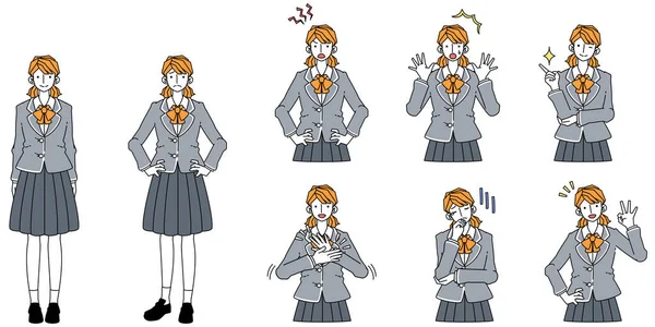 Ilustrace Různých Výrazů Obličeje Dospívající Dívky Školní Uniformě — Stockový vektor