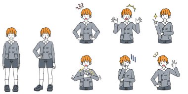 Çeşitli pozlar veren üniformalı bir çocuğun klip sanatı.