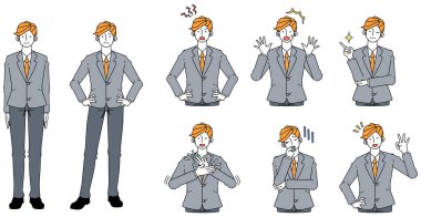 Çeşitli pozlar ve takım elbiseli genç bir adamın ifadeleri.