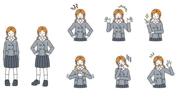 Set Illustrations Girls Uniform Various Poses Expressions - Stok Vektor