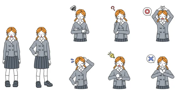 Set Illustrations Girls Uniform Various Poses Expressions — стоковый вектор