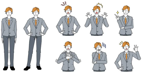 Çeşitli pozlar ve takım elbiseli genç bir adamın ifadeleri.