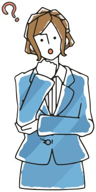 Sorusu olan ve başını eğen takım elbiseli bir kadın tasviri.