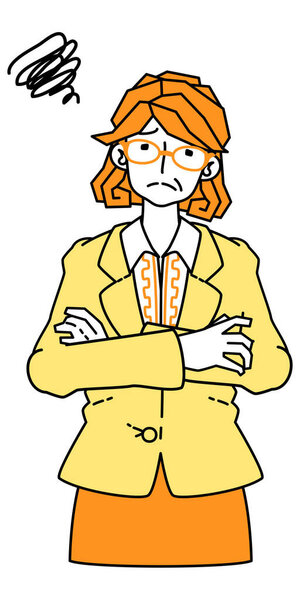 Icon illustration of a woman in a suit with a troubled look