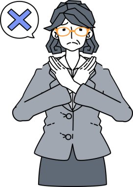 NG işareti veren takım elbiseli olgun bir kadının görüntüsü.