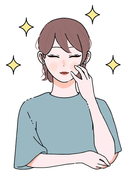 Illustration Woman Touching Her Cheek Smile — Vettoriale Stock