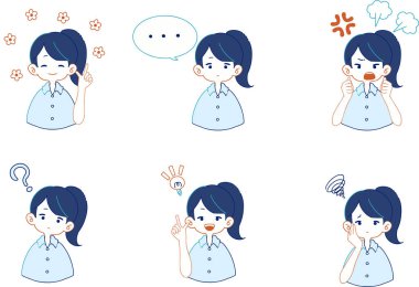 Gömlek giyen bir kadının çeşitli yüz ifadeleri.