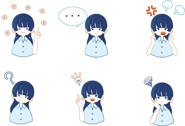 Illustration Set Various Facial Expressions Woman Wearing Shirt — ストックベクタ