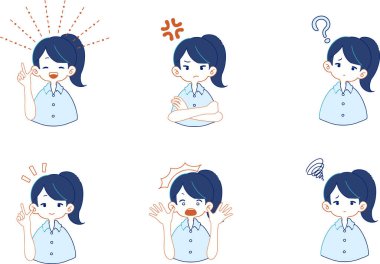 Takım elbiseli bir kızın çeşitli ifadelerinin çizimleri..