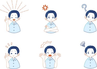 Çeşitli yüz ifadeleri olan takım elbiseli çocukların çizimleri.