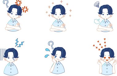 Tişörtlü çocukların çeşitli yüz ifadelerinin çizimleri.