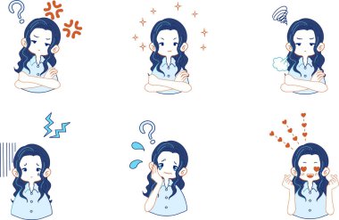 Çeşitli ifadeleri olan tişörtlü kızların çizimleri.