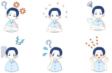 Tişörtlü çocukların çeşitli yüz ifadelerinin çizimleri.