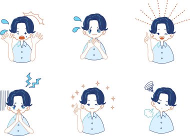 Takım elbiseli bir çocuğun çeşitli ifadeleri.